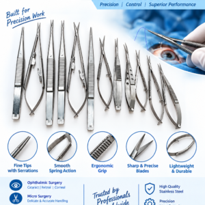 Castroviejo-style micro needle holders and spring-action surgical and ophthalmic scissors manufactured by Abu Amra Impex